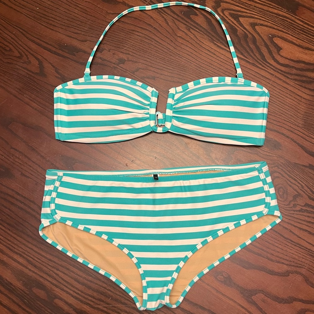 J. Crew Teal and White Striped Bikini